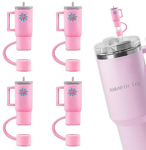 Strohhalm-Abdeckkappe, 4 Stück Strohhalm-Abdeckungen für wiederverwendbare Strohhalme, Silikon-Strohhalm-Aufsatz für Tasse, 30 & 1,2 l, Becher mit Griff und Strohhalm für niedliche Dekoration, Rosa