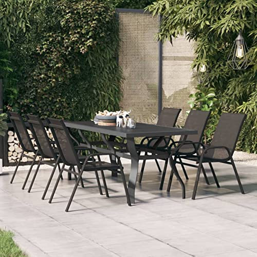 Homgoday Table de jardin gris et noir 180 x 80 x 70 cm en acier et verre, table à manger, table de cuisine, table de jardin, tables extérieures