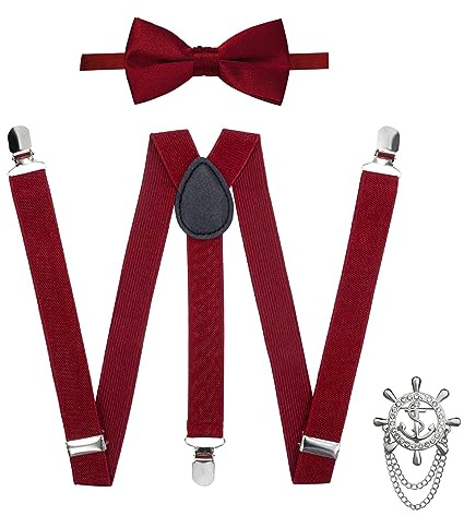 GWAWG Fliege Hosenträger Set Herren, Verstellbare Hosenträger mit Brosche, Rot, für Hochzeit Party Zeremonie, für Männer und Jungs