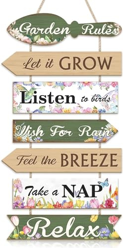 CHDITB Garden Rules Wood Sign,Beautiful Handmade Spring Wooden Hanging (29x20x0.5cm),Let it Grow Listen To Birds Wish For Rain Feel The Breeze Wall Plaque, Garden Presents for Gardeners Women