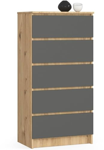 AKORD Kommode K60 mit 5 Schubladen | für das Wohnzimmer Schlafzimmer Schrank Büro Arbeitszimmer | Modernes Funktionales Design | B60 x H121 x T40 cm, Gewicht 39kg | Handwerkliche Eiche