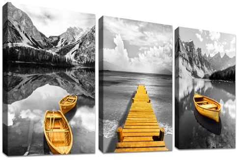 3 Pcs Gris Or Bateau Cadre en bois Impression sur Toile Tableau Montagnes et lac Image sur Toile Peinture Tableau Decoration Murale Salon Chambre Maison Bureau Prêt À Accrocher 90x40cm(12x16x3pcs)