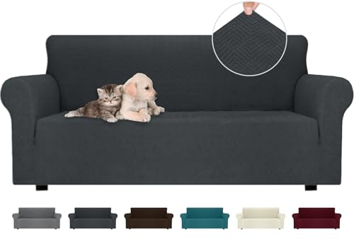Ystyle Stretch Sofa Überzug 3 Sitzer, Sofabezug rutschfest Mit Armlehne, Elastische Couch Überzug Jacquard, Universal Sofa Cover Moderne, Sofaschoner Hund Katze Für Wohnzimmer, Dunkelgrau