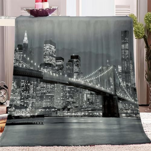 Blick Auf Die Graue Brooklyn Bridge In New York Kuscheldecke Flauschig Decke Fleecedecke 150x200cm - Wohndecke Warm Weich Flanell, Sofadecke, Wohn-Kuscheldecken, Decke für Bett, Couch, Camping, Reise