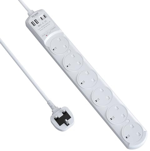 SE UKASE Extension Lead Power Strip Tower, 6 Way Socket Surge Protection with 4 USB Charger(2C+2A) Multi Plug 2990W Safety Shutter for TV PC Laptops Tablets
