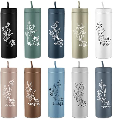 Tioncy 10 unidades de regalos de agradecimiento a granel para empleados, regalo de agradecimiento a granel, vaso delgado inspirador mate con tapa y pajita, regalos de equipo de agradecimiento de