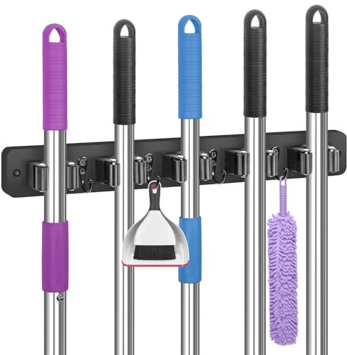 IMILLET Soporte de pared para escobas, soporte para escobas de madera con 5 estantes y 4 ganchos, organizador de escobas, organización y almacenamiento de lavandería, colgador de fregona para
