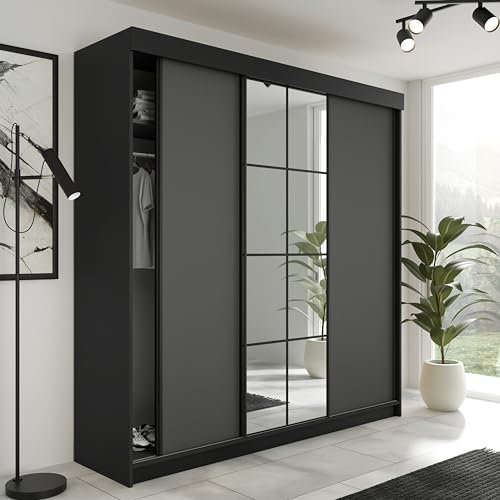 KIER FURNITURE Schiebegarderobe LAMARO mit Spiegel - Schrank Schlafzimmer – Schlafzimmerschrank – Wardrobe Bedroom – Kleiderschränke – Kleiderschrank - 200x205x59cm - Schwarz & Graphit