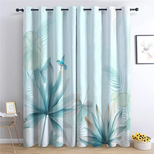 XCQHZYQ Lot De 2 Rideau Occultant Enfant pour Fille Garcon L117 x H229 cm, Feuilles Palmiers Tropicaux Rideau Occultant À Oeillet Thermiques Phonique Anti Froids, Décor De Fenêtre Chambre Salon