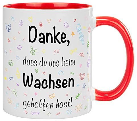 Abschiedsgeschenk Erzieherin Tasse | Doppelseitig bedruckt | Danke, dass du uns beim Wachsen geholfen hast | Dankeschön Geschenk Erzieher Tagesmutter von Kindern und Eltern | 330ml Tasse | Rot