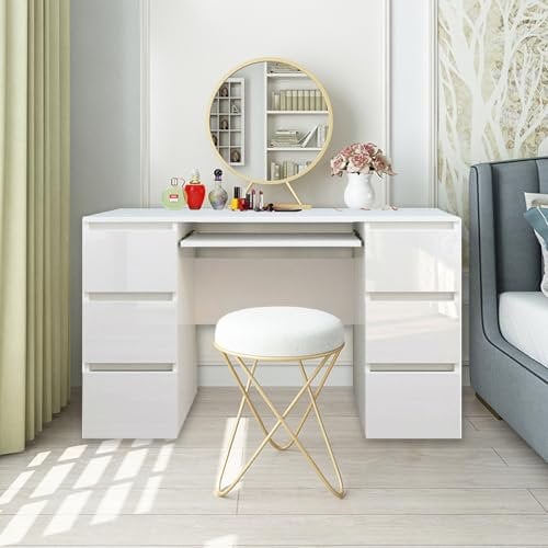 UMAIL High Gloss White Dressing Table with 6 Drawers Home Office Computer Desk Study Table for Home Bedroom Office 120(L) x50(W) x70(H) cm