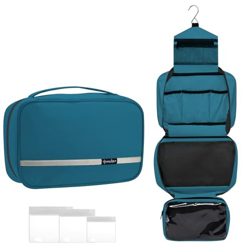 homchen Hanging Toiletry Bag Travel Kit for Men Women, Upgrade Large Capacity Wash Bag Makeup Bag with 4 Compartments, Foldable Compact Size (Emerald Green)