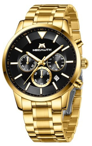 MEGALITH Chronograph Uhren Herren Gold: Edelstahl Armbanduhr Herren Wasserdicht - Analog Herren Uhr mit Kalender