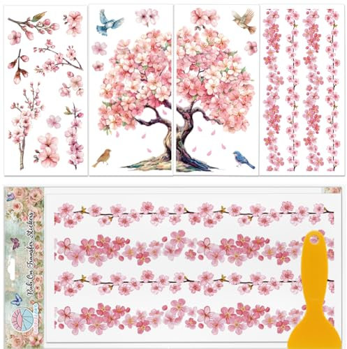 GLOBLELAND 4 Sheets Cherry Blossoms and Bird Rub on Transfers Pink Tree Branch Transfer Stickers UV Self-Adhesive Furniture Decor Transfers for Bedroom Living Room Desk Table Decoration