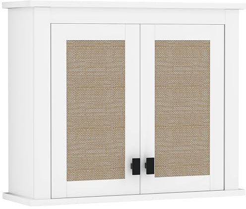 HOMCOM Mehrzweck-Badezimmer-Wandschrank Wandhängende Aufbewahrungsschrank mit 2 PE-Rattan-Türen Verstellbarer Einlegeboden 60x19,5x49,4 cm Weiß