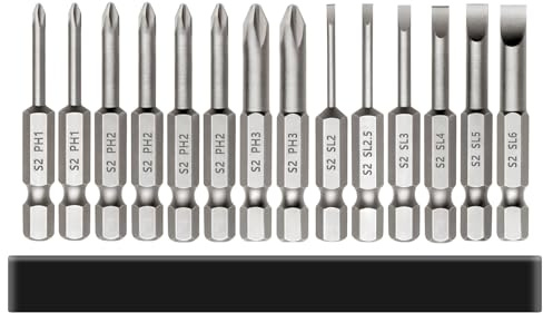 14 Stück Magnetische Kreuzschlitz und Schlitz kopf Schraubendreher-Bit-Satz | Saipor Slotted und Phillips Screw Driver Bit S2 Stahl 1/4-Zoll-Sechskantschaft PH1 PH2 Kreuzkopf Bits, 50mm
