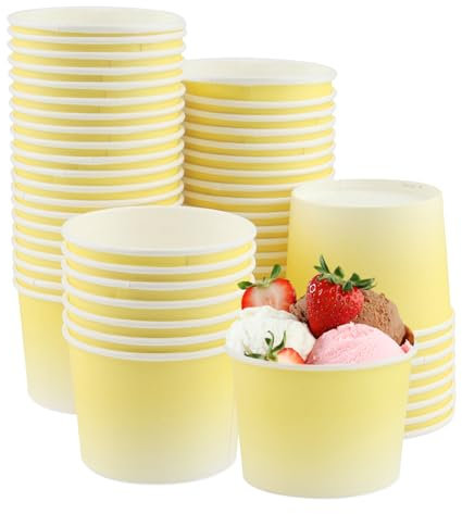 RYAN 50 Stück Eisbecher Pappe mit 50 Stück Holzlöffel Candybar Becher 240 ml Einwegbecher Papierbecher für Eis Desserts Fingerfood Joghurt (Farbverlauf Gelb)