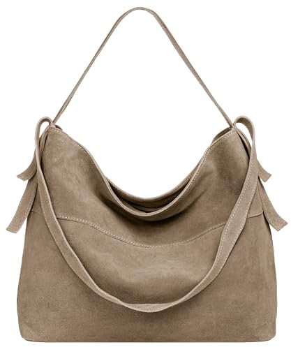 Caspar große Vintage Leder Schultertasche lässige Damen Handtasche aus Wildleder mit Reißverschluss - PREMIUM LINE - Modell No.816 - Made in Italy, Farbe:taupe