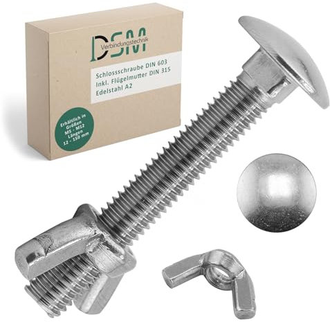 DSM – Schlossschrauben M10 x 50 mm nach DIN 603 – M10 Flügelmutter DIN 315 – Edelstahl A2/V2A – Vollgewinde – Flachrundkopfschrauben mit Vierkantansatz – Schmetterlingsmutter – 10 Stück