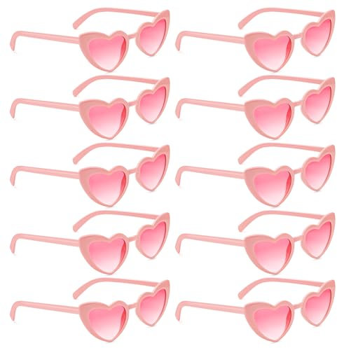 Herz Sonnenbrille Partybrille Set Herzform Brille JGA Brillen Herzbrille 90er Jahre Hippie Herzförmige Brille Herzchen Brille für Party Hochzeit Karneval Halloween 10 Stück (Rosa)
