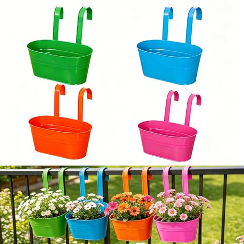 TINGSING 4pcs Pots de Fleurs à Suspendre en Métal Double Crochet Balcon | Drainage • Bleu et vert • Clôture, jardin, maison • Intérieur et extérieur