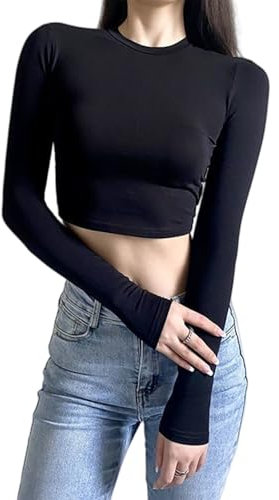 Solid Color Women's Long & Short Sleeve Crop Tops Summer Fashion Going Out Basic Tops Sexy Tight Cropped Tee Tops (UK, Alpha, XL, Regular, Regular, Black, Longsleeves)