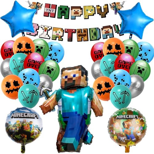 Pixel Luftballon Set für Kindergeburtstag, 32 Stück Miner Gamer Party Deko, Jungen Geburtstag Folien- und Latexballons, Spiel-Themen Party Luftballons