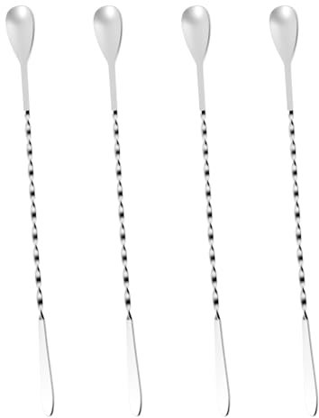 4 Stück Barlöffel, Cocktail Löffel Stiel Edelstahl mit Langer Griff, Rührlöffel für Cocktailbar, Kaffee, Gin & Shaker, Hochwertige Spiralmuster für Effizientes Mischen