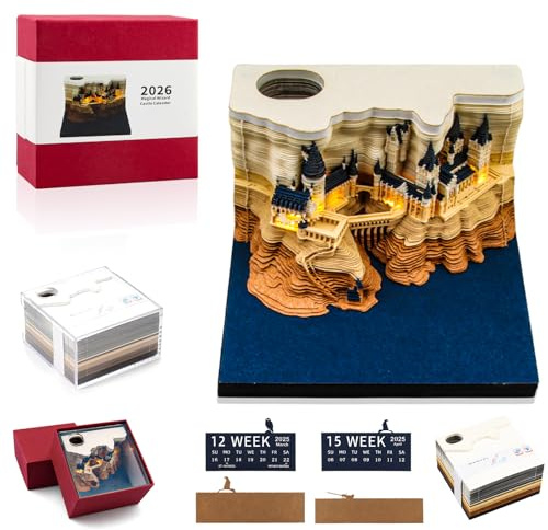 2026 Strappare Calendario 3D, Blocco Note 3D, Calendario 3D con Luci a Led Portapenna, 3D Art Memo Pad da Tavolo Magic Castle per Ornamenti Desktop, Regalo di Nat