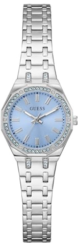 Guess Damen Armbanduhr Pixie mit Zirkonia, silberfarbenes Edelstahlarmband, Mineral Glas, blaues Ziffernblatt, 3 Bar, Gehäusedurchmesser: 25 mm, GW1010L1