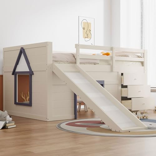 ModernLuxe Niedriges Hochbett Kinderbett mit Rutsche,140 x 200cm, 3 Schubladen, 2 Türen, Creme – aus Massivholz und MDF, Mit Stauraum, Ohne Boxspringbett, Robustes DesignA,ohne Matratze