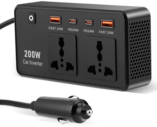 200W Car Voltage Converter Transformer, 12V to 240V AC Power Inverter with UK 3-Pin Socket, 4 USB Ports (QC3.0 & PD3.0 Fast Charge), 400W Peak, Multi-Protection for Caravan, Truck, Camping Travel