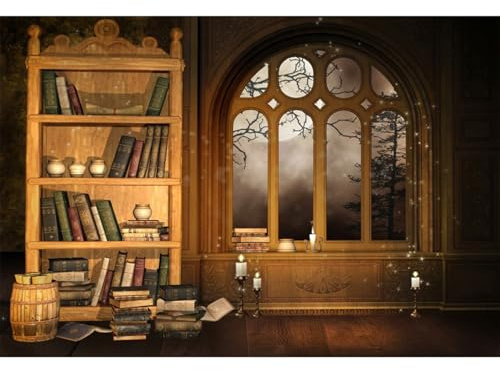 YongFoto 4,5x3m Foto Hintergrund Bücherregal Bibliothek Europäisch Stil Bücher Kerzen Bogen Fenster Mond Nacht Innere Fotografie Hintergrund Fotoshooting Porträtit Party Kinder Hochzeit Fotostudio