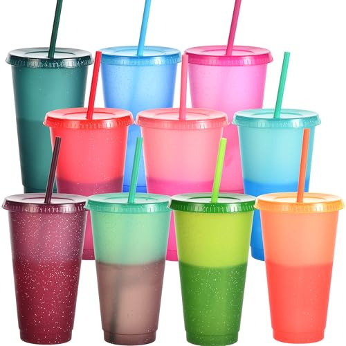 Yisituo 710ml Becher mit Deckel und Strohhalm, 10 Stück Farbwechsel Becher, für Kinder, Mehrweg Plastikbecher, für Partys, Smoothies und Travel (10, Glitzer)