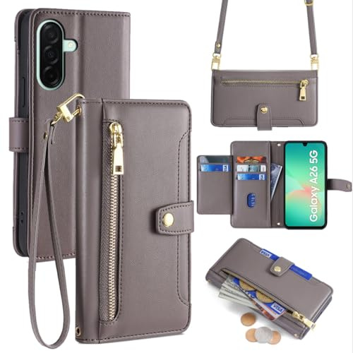 Handykette kompatibel mit Samsung Galaxy A26 | Leder Handyhülle mit Kartenfächern | Handyhülle zum Umhängen | Grau