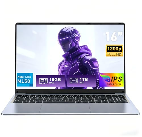 FUNYET Ordinateur Portable 16 Pouces, 16 Go de RAM, SSD 1 to, Laptop Win 11 Pro,PC Portable Processeur N150 (jusqu'à 3,6 GHz), 6000 mAh,Notebook FHD 1920 x 1200, Clavier rétroéclairé,WiFi5 USB 3.0