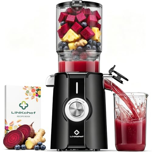 LINKChef Entsafter Slow Juicer, 115 mm Große Einfüllöffnung für Entsafter Gemüse und Obst Testsieger, Kaltentsafter 200W, BPA-frei, Einfach zu Reinigen und Montieren, Schwarz