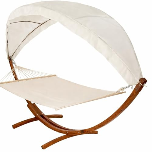 Luxury 2 Person Garden Hammock with Curved Wooden Arc Stand & Sun Canopy, Cotton Fabric Swing Bed, Weather Resistant Russian Larch Frame, Outdoor Patio, Yard & Balcony Relaxing Chair
