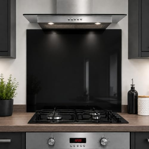 Black Glass Kitchen Splashback – 6mm Toughened Heat-Resistant Safety Glass, Polished Edges, Hob & Cooker Wall Protector (80 x 75cm)