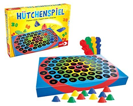 Noris 606049102 Hütchenspiel - Das lustige Geschicklichkeitsspiel -Mit vier Katapult Männchen und 12 Hütchen in vier Farben, ab 4 Jahren