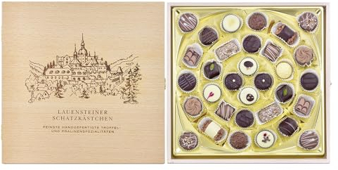 Lauensteiner Schatzkästchen | 400g, 32 Pralinen mit Alkohol | Geschenk in Buchenholzbox
