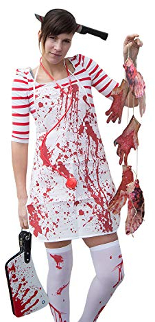 Oblique Unique® Horror Kostüm Accessoire Set für Damen - Messer im Kopf Haarreif + Metzger Schürze + Overknee Strümpfe + Blutige Füße & Hände Girlande Halloween Fasching Karneval