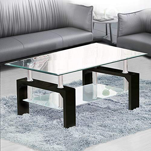 TUKAILAI Couchtisch Glas modern, Rechteckiger Wohnzimmertisch Beistelltisch mit unterer Ablage, Kaffeetische Glastisch für Wohnzimmer, Gäste, Empfang, Zimmertisch, Schwarz, 1000x600x450 mm