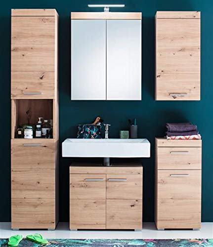 Badezimmer-Kombination in Asteiche Dekor Amanda 6-teiliges Set Hochschrank, Spiegelschrank, Waschbeckenunterschrank, Hängeschrank, Unterschrank und LED Spiegellampe