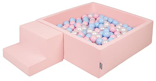 KiddyMoon Aire De Jeux en Mousse avec Carré Piscine À Balles (200 Balles) pour Enfants, Rose:Babyblue/Rose Poudre/Perle