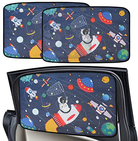 2Pack Parasol de Coche Ventana Lateral Trasera Magnetica Astronave Astronauta Planeta Coche Sun Shade Bloqueo de Rayos UV Nocivos Lateral Parasol Ventana Coches Trasero Sombrilla Para Bebés y Mascotas