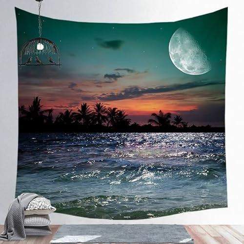 EHOMERY Wandteppich Natur XXL Tapisserie Lustig Schwarz Sonnenuntergang Am Meer Klein Vintage Großes Strandtuch Wandbehang Deko Wandschmuck Schlafzimmer Wohnzimmer Wanddekoration 95X73Cm