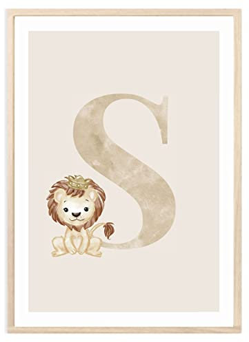 MeinBaby123® Buchstaben Poster DIN A4 Kinderzimmer Mädchen und Junge | Babyzimmer Deko | Bilder Kinderzimmer | Geschenkideen zur Geburt | Geburtsposter | Anfangsbuchstabe Poster S (Löwe - S)