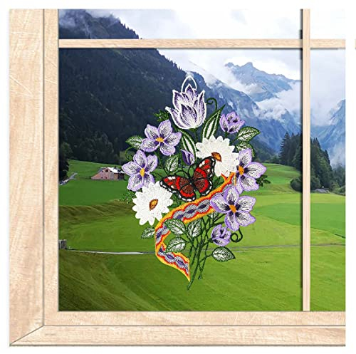 atelier alles-Spitze Gesticktes Fensterbild Kirschblütenstrauß | Hochwertige Fensterdekoration aus vogtländischer Luft-Spitze | wiederverwendbar | BxH: 21 x 29 cm