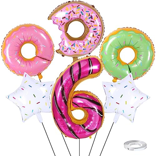 Weenkeey 6 Jahre Donut Geburtstag Dekor Große Donut Folienballon 6. Geburtstag Krapfen Luftballon Zahl 6 Luftballon für Junge Mädchen Geburtstag Party